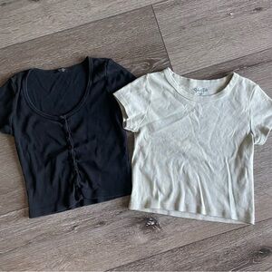 Brandy Melville set of 2 short sleeve T’s‎ Black button down Sage Green crewneck